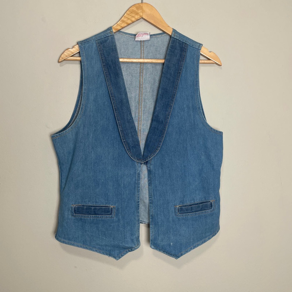 Brittania Sportswear Denim Vest V Neck Contrast Lapel Adjustable Blue L
